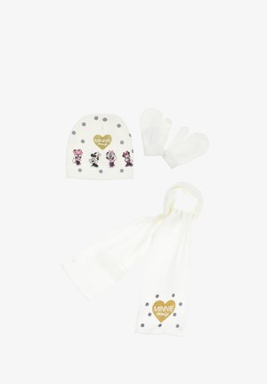 Conjunto invernal blanco que incluye un gorro con lunares y diseños de Minnie Mouse, guantes y una bufanda a juego, todos con un acento de corazón dorado.
