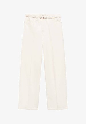 Brede hvide bomuldsbukser med bælte i taljen, to forlommer og en glat tekstur. Karakteriseret ved et rent, minimalistisk design.