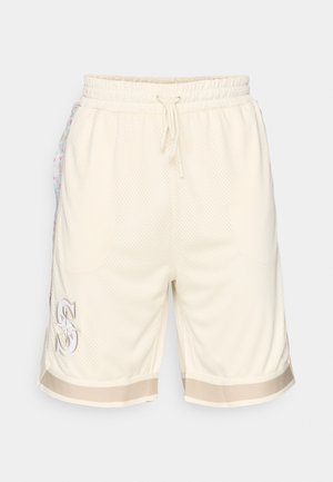 Herren Shorts aus cremefarbenem Mesh mit elastischem Bund, Kordelzug, seitlichen Taschen und floralen Akzenten. Mit einem kontrastierenden Besatz.