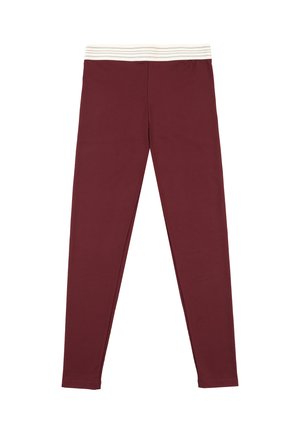 Bordeaux leggings met een geribbelde wit en beige gestreepte tailleband, gemaakt van een rekbaar katoenmixmateriaal, met een zachte textuur.