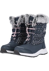 Marinewinterstiefel mit grauem Kunstfellbesatz, weißen Punkten, rosa Schnürsenkeln und einer strukturierten Gummisohle für besseren Halt. Wasserfestes Design.