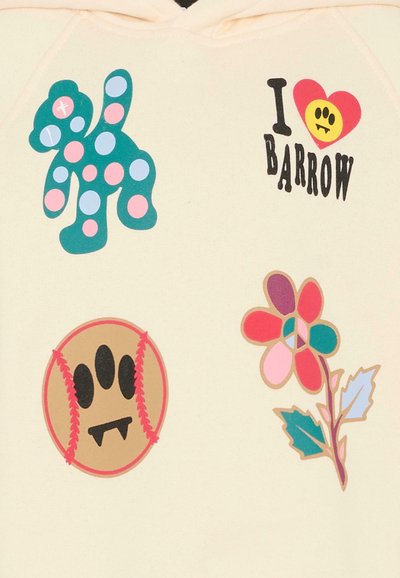 Kremowa bluza z kapturem z czterema aplikacjami: turkusowym misiem w kropki, bejsbolem, kwiatem oraz napisem "I ❤️ BARROW".