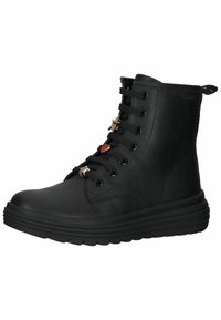 Bottes noires à la cheville en cuir lisse avec une semelle en caoutchouc, dotées de détails en dentelle décorative, de quincaillerie en or rose et d'un bout arrondi.