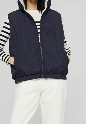 Person wearing a navy sleeveless zip-up vest over a black and white striped long-sleeve shirt with white pants, hands in vest pockets.