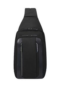 Borsa a tracolla nera con un design elegante e moderno, caratterizzata da un tessuto liscio, diverse tasche con cerniera e accenti a contrasto.