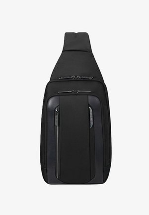 Borsa a tracolla nera con un design elegante e moderno, caratterizzata da un tessuto liscio, diverse tasche con cerniera e accenti a contrasto.