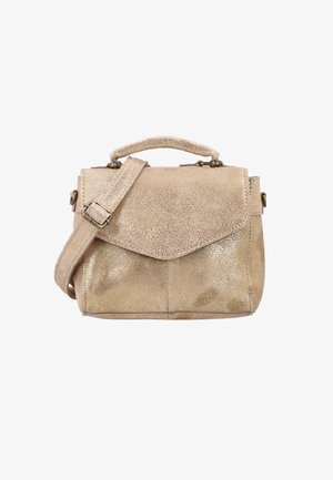 Piccolo borsetta in pelle dorata testurizzata, con chiusura a patta, manico superiore e tracolla regolabile, dal design strutturato.