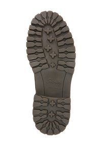 Semelle de botte en caoutchouc marron avec des crampons profonds, des motifs croisés et le logo "Sioux" ; conçue pour une adhérence et une traction sur diverses surfaces.