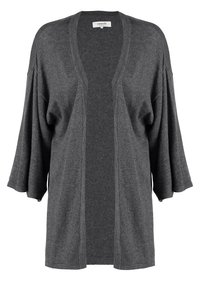 Dark grey, open-front cardigan with loose, mid-length sleeves, featuring subtle vertical knit patterns along the front edges.