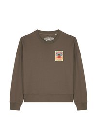 Bruine sweatshirt met een ronde hals, lange mouwen en geribbelde manchetten. Heeft een kleurrijke bedrukte patch op de borst. Zachte textuur.