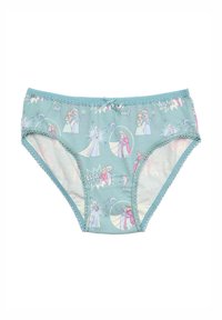 Mutande da donna in cotone azzurro chiaro con stampa dei personaggi di "Frozen". Il bordo in pizzo lungo la vita e le aperture delle gambe aggiunge un tocco di dettaglio.