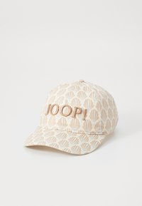 Beige lippalakki, jossa on vaaleansininen ja ruskea kukkakuosi, ja etuosassa on brodeerattu "JOOP!" -logo.