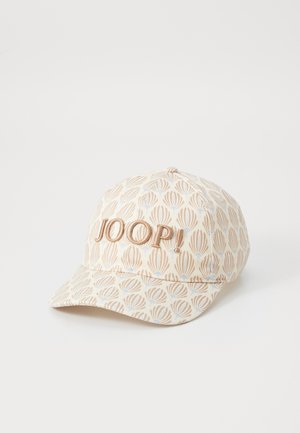 Beige baseball cap with a floral pattern in light blue and brown, featuring an embroidered "JOOP!" logo on the front.
