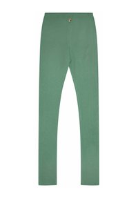 Grüne, gerippte Leggings aus einem weichen Material. Mit einem elastischen Bund und einem kleinen, mehrfarbigen Etikett an der Seite.
