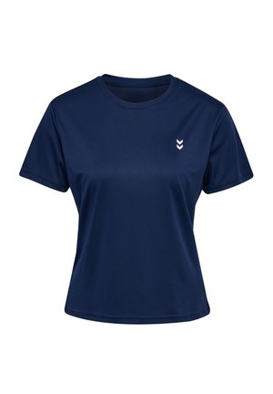 Marineblauw sportt-shirt van gladde stof, met een ronde hals, korte mouwen en een wit chevron-logo op de linkerkant van de borst.