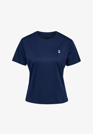 Marineblauses Sport-T-Shirt aus glattem Stoff, mit Rundhalsausschnitt, kurzen Ärmeln und einem weißen Chevron-Logo auf der linken Brust.