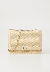 Borsa a tracolla beige intrecciata con rifiniture in pelle liscia, tracolla a catena e chiusura con patta frontale che presenta un logo in metallo argentato.