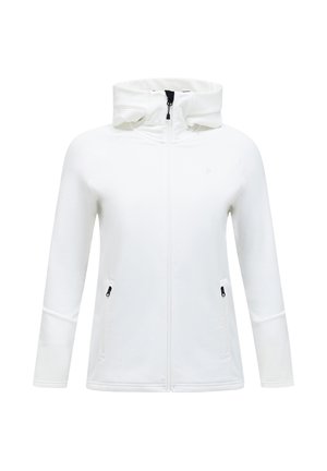 Felpa bianca con zip e colletto alto, due tasche laterali e zip nera. Presenta un tessuto liscio e un design aderente.
