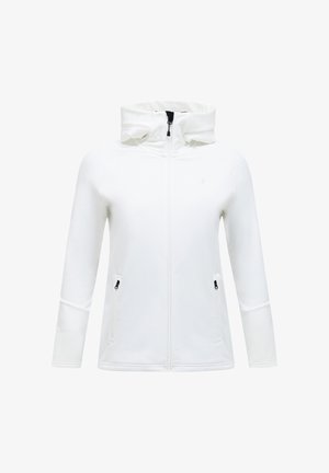 Valge lukuga kapuutsiga sviiter, millel on kõrge kaelus, kaks küljetaskut ja mustad lukkud. Omab siledat kangast ja peenelt sobivat disaini.