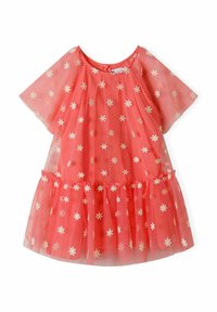 Robe en chiffon corail avec des manches courtes, broderie florale, ourlet à volants à plusieurs niveaux et encolure ronde. Matière légère et transparente.