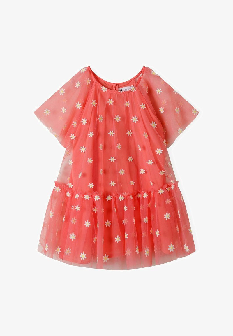 Koraljna čipkana haljina s kratkim rukavima, cvjetnim vezenjem, višeslojnim volanom na rubu i okruglim izrezom. Lagani i prozirni materijal.