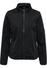 Sort softshell jakke med stående krave, frontlynlås og sidelommer. Har et subtilt tekstureret mønster og elastiske manchetter.
