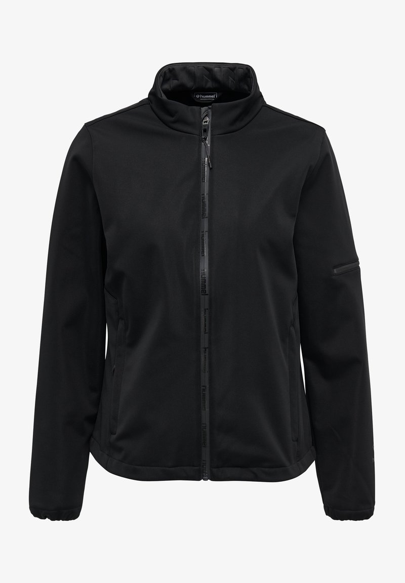 Zwarte softshell jas met een opstaande kraag, voorrits en zijzakken. Beschikt over een subtiel textuurpatroon en elastische manchetten.