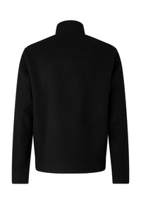 Sort jakke i uldmix med høj krave, skræddersyet pasform og lange ærmer. Har en glat tekstur og et minimalistisk design.