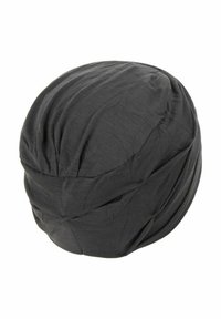 Tmavě šedý šátek na hlavu vyrobený z měkké, lehké látky, s otočeným designem a hladkým, mírně texturovaným povrchem.