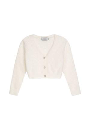 White cropped cardigan with long sleeves, V-neck, and three decorative round buttons down the front.