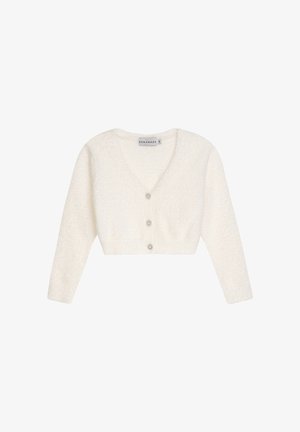 White cropped cardigan with long sleeves, V-neck, and three decorative round buttons down the front.