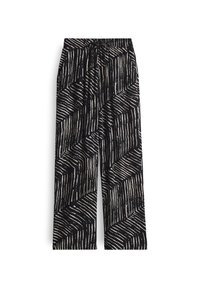 Pantalon noir à jambes larges avec taille élastique et motif géométrique à rayures irrégulières noir et blanc, avec lien coulissant à la taille.