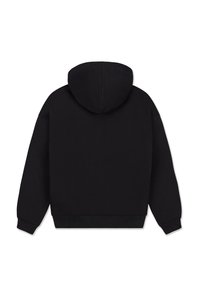 Sudadera con capucha negra, mezcla de algodón, de mangas largas, con puños y bajo acanalados, diseño minimalista, sin logotipos ni patrones visibles.