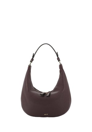 Dark brown leather handbag with a single strap, zipper closure with two pulls, and small gold logo at the bottom center.