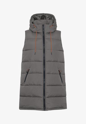 Pohodlná šedá vesta s kapucí, se šňůrkami v oranžové barvě, zapínáním na zip a dvěma bočními kapsami na zip. Hladká, lesklá tkanina s prošívanou texturou.