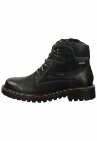 Bota de tobillo de cuero negro con cordones grises, detalle de costura azul, suela resistente y un tacón ligeramente elevado. Presenta elementos de diseño impermeables.