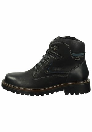 Bota de tobillo de cuero negro con cordones grises, detalle de costura azul, suela resistente y un tacón ligeramente elevado. Presenta elementos de diseño impermeables.