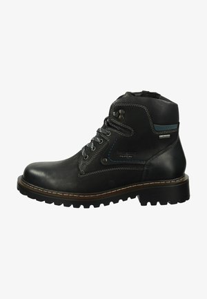 Stivaletto in pelle nera con lacci grigi, dettaglio di cuciture blu, suola robusta e tacco leggermente rialzato. Presenta elementi di design impermeabili.