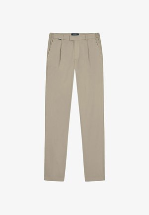 Pantalon beige à jambes droites avec poches latérales, passants pour ceinture et une section de taille élastique, présenté à plat sur un fond blanc.
