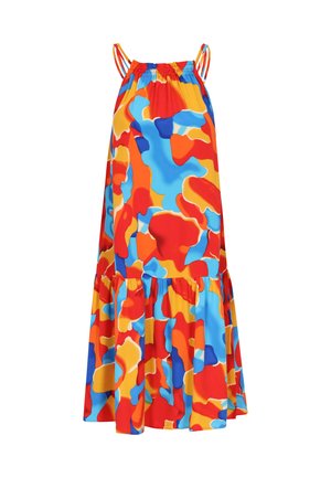 Barevné šaty s abstraktním vzorem v modré, červené a žluté barvě, s rozšířeným lemem, nastavitelnými ramínky a nařaseným výstřihem.