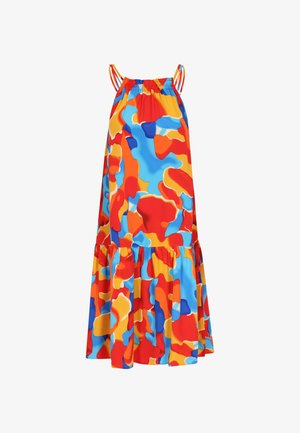 Farverig kjole med et blåt, rødt og gult abstrakt mønster, flared kant, justerbare stropper og samlet udskæring.
