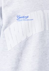 Sudadera gris claro con letras blancas en relieve y gruesas que dicen "AROUND THE" y texto bordado en azul que dice "Saludos desde Dr. Denim Suecia."
