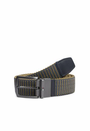 Cintura in tessuto intrecciato arrotolato con motivo blu e verde oliva e fibbia in metallo grigio canna da fucile con linguetta in pelle.