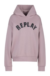 Lichtroze hoodie met een groot gebogen "REPLAY" logo in zwart. Heeft een ruime capuchon en ribgebreide manchetten en zoom. Gemaakt van zachte stof.