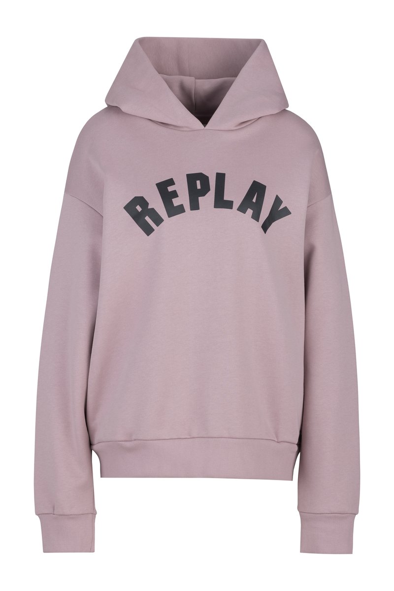 Lichtroze hoodie met een groot gebogen "REPLAY" logo in zwart. Heeft een ruime capuchon en ribgebreide manchetten en zoom. Gemaakt van zachte stof.