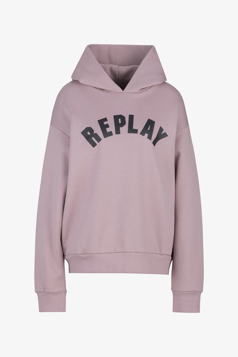 Lichtroze hoodie met een groot gebogen "REPLAY" logo in zwart. Heeft een ruime capuchon en ribgebreide manchetten en zoom. Gemaakt van zachte stof.