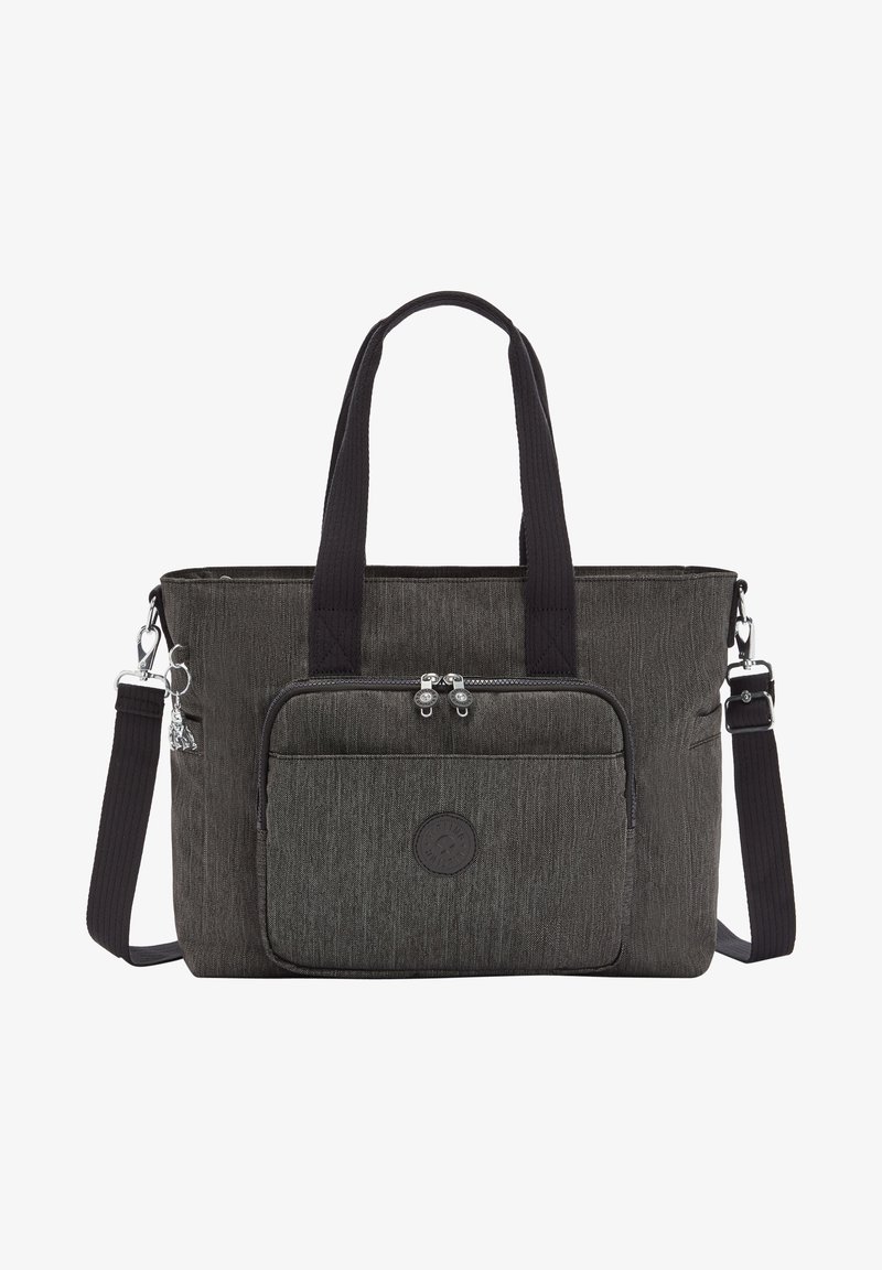 Sac cabas en tissu gris foncé avec deux poignées, une poche avant zippée et une bandoulière réglable avec des fermoirs métalliques.