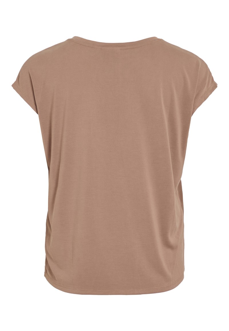 Braunes T-Shirt mit kurzen Ärmeln, runder Halsausschnitt und weichem, glattem Material. Es hat eine lockere Passform und ein einfaches, legères Design.