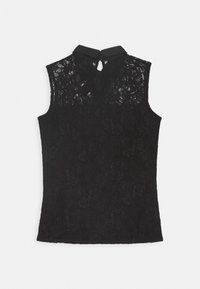 Haut sans manches en dentelle noire avec motif floral, col montant et fermeture au dos en forme d'œillet. Comprend un col uni noir.