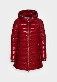 Red, glossy puffer jacket with a zip front, high collar, and horizontal quilting. Features a detachable hood and side pockets.
